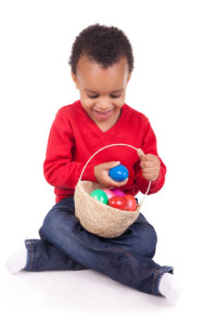 Child Boy kid holding up his easter basket